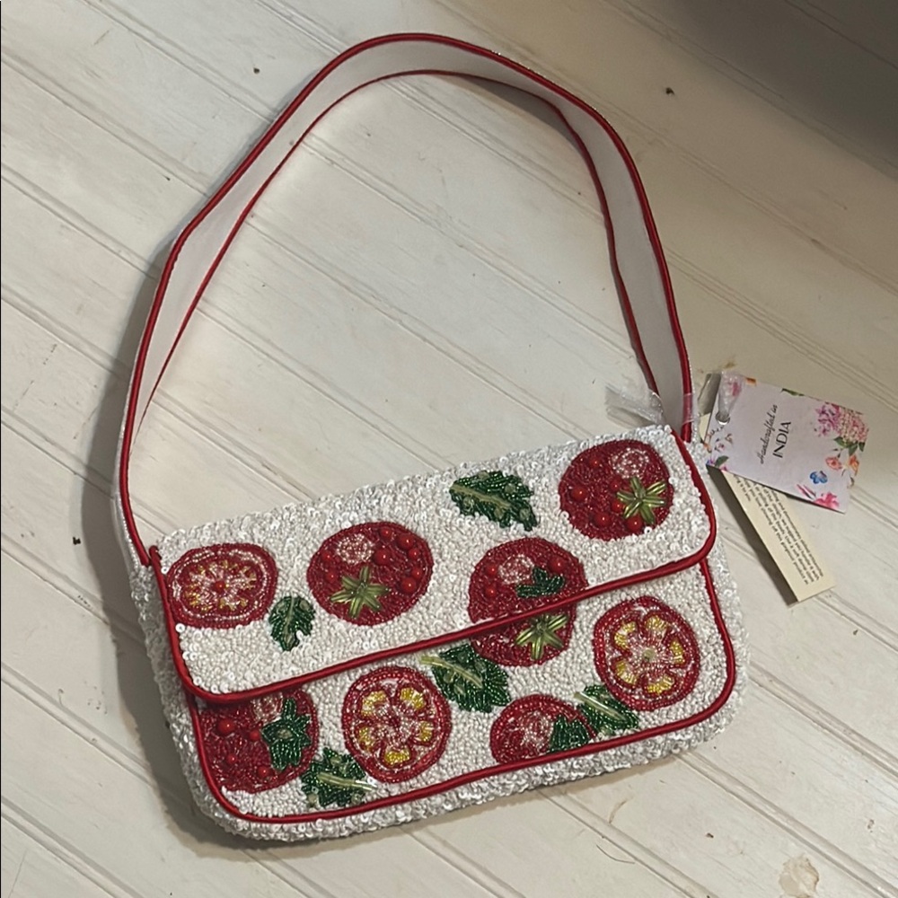 India Boutique White and Red tomato beaded Shoulder Bag